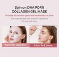 Salmon DNA PDRN Collagen Gel Mask advertisement showing application and results on a person's face, Medicube PDRN Pink Collagen Gel Mask 4pcs
