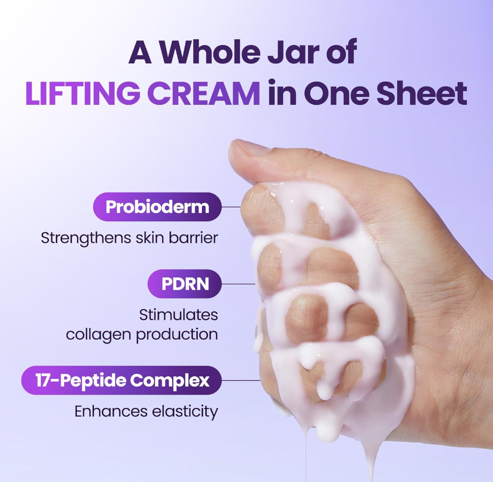 Hand applying lifting cream with text highlighting ingredients on a purple background, BOH Probioderm 3D Lifting Cream Mask