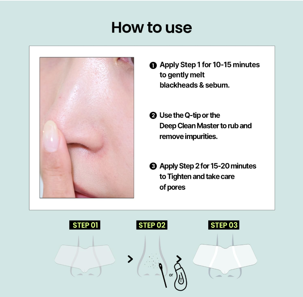 Instructions on how to use a skincare product with a close-up of a nose and text on a light blue background, Ilso Natural Mild Clear Nose Patch