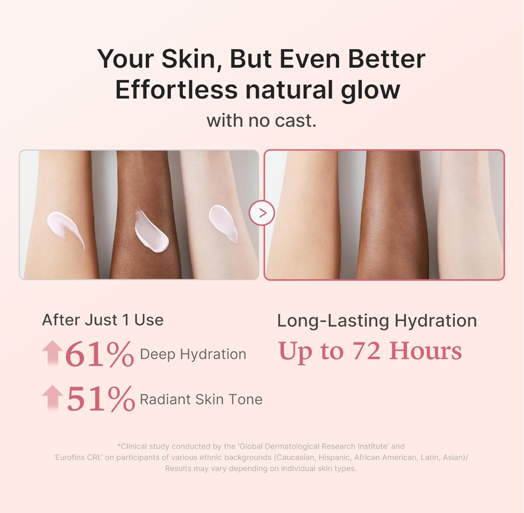 Product advertisement for skin care with before and after effects on skin tones, Medicube Collagen No Cast Just Glow Sunscreen spf50 50ml