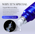 Blue skincare serum bottle with exosome and spicule illustration on a light gray background, Medicube One Day Exosome Shot Pore Ampoule 2000 30ml