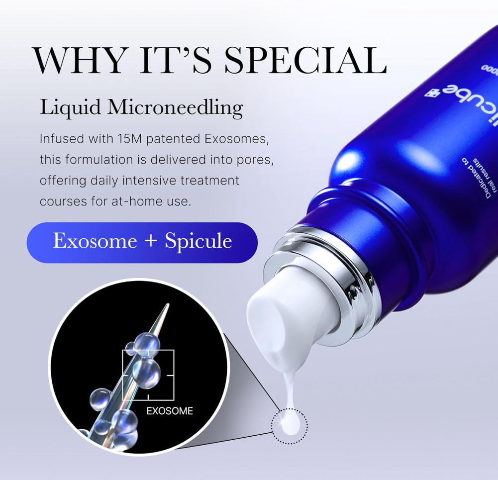 Blue skincare serum bottle with exosome and spicule illustration on a light gray background, Medicube One Day Exosome Shot Pore Ampoule 2000 30ml