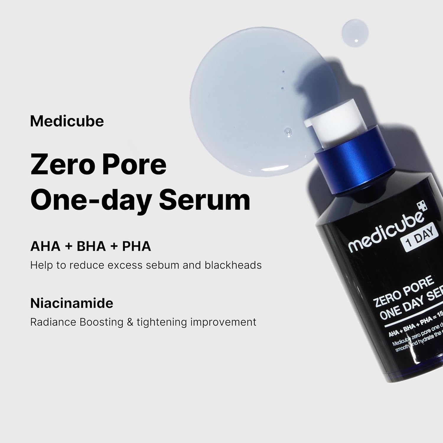 Medicube Zero Pore One-day Serum bottle with serum droplet on a light gray background, Medicube Zero Pore One Day Serum 30ml