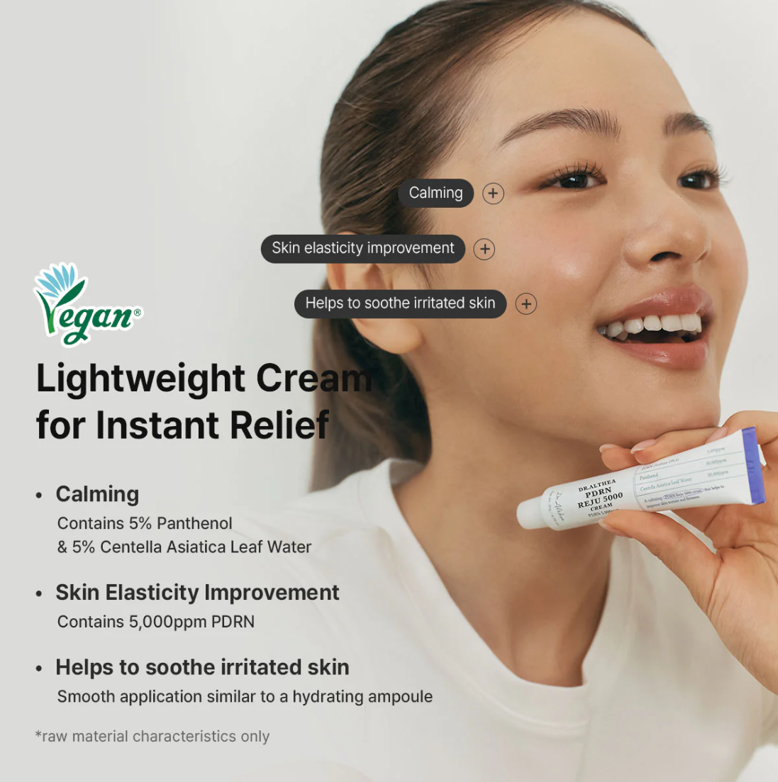 Woman holding a tube of lightweight cream with product features listed on a white background, Dr.Althea PDRN Reju 5000 Cream 20g