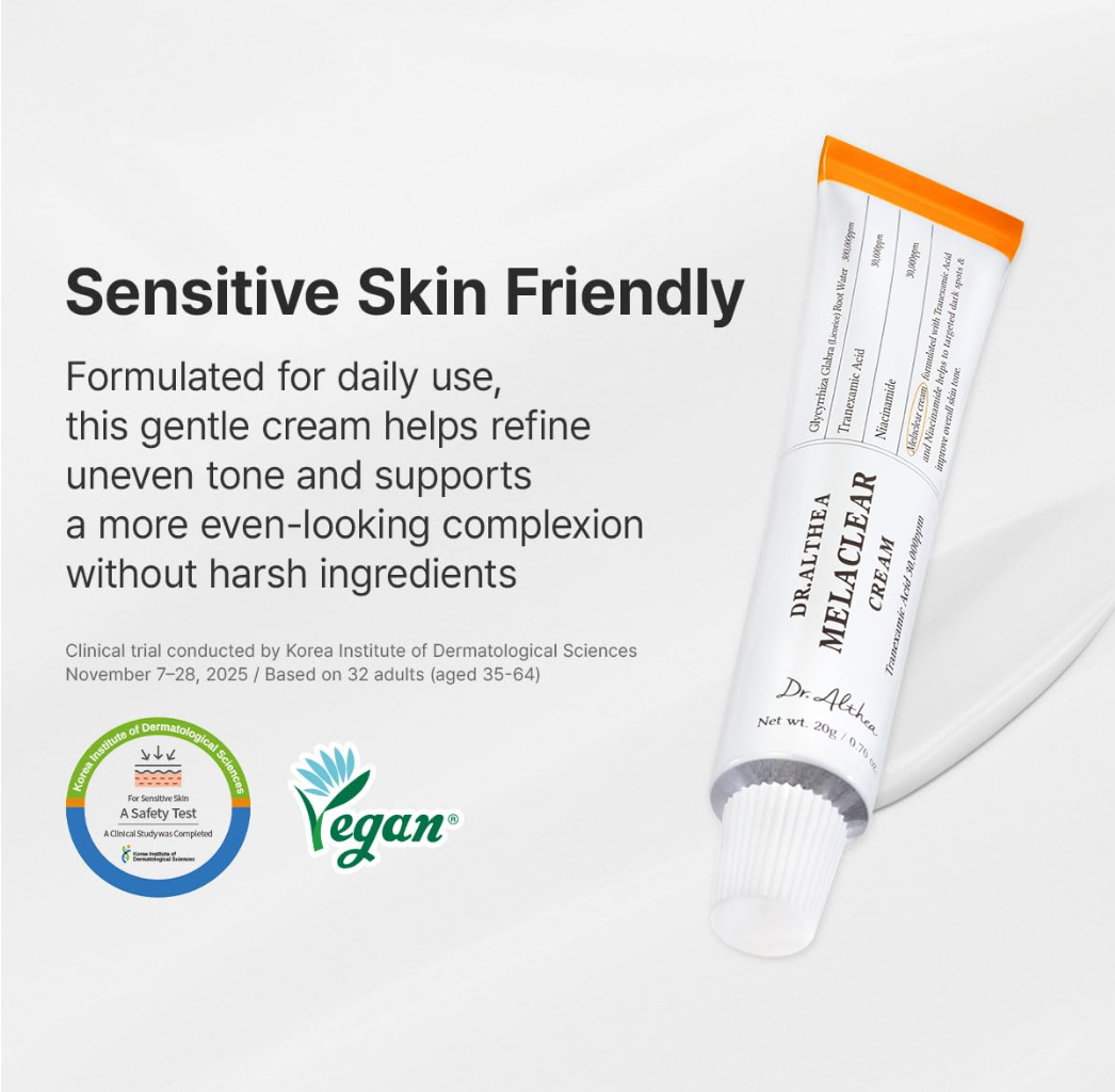 Dr. Altar Melaclear Cream tube with text about sensitive skin friendliness on a white background, Dr.Althea Melaclear Cream 20g