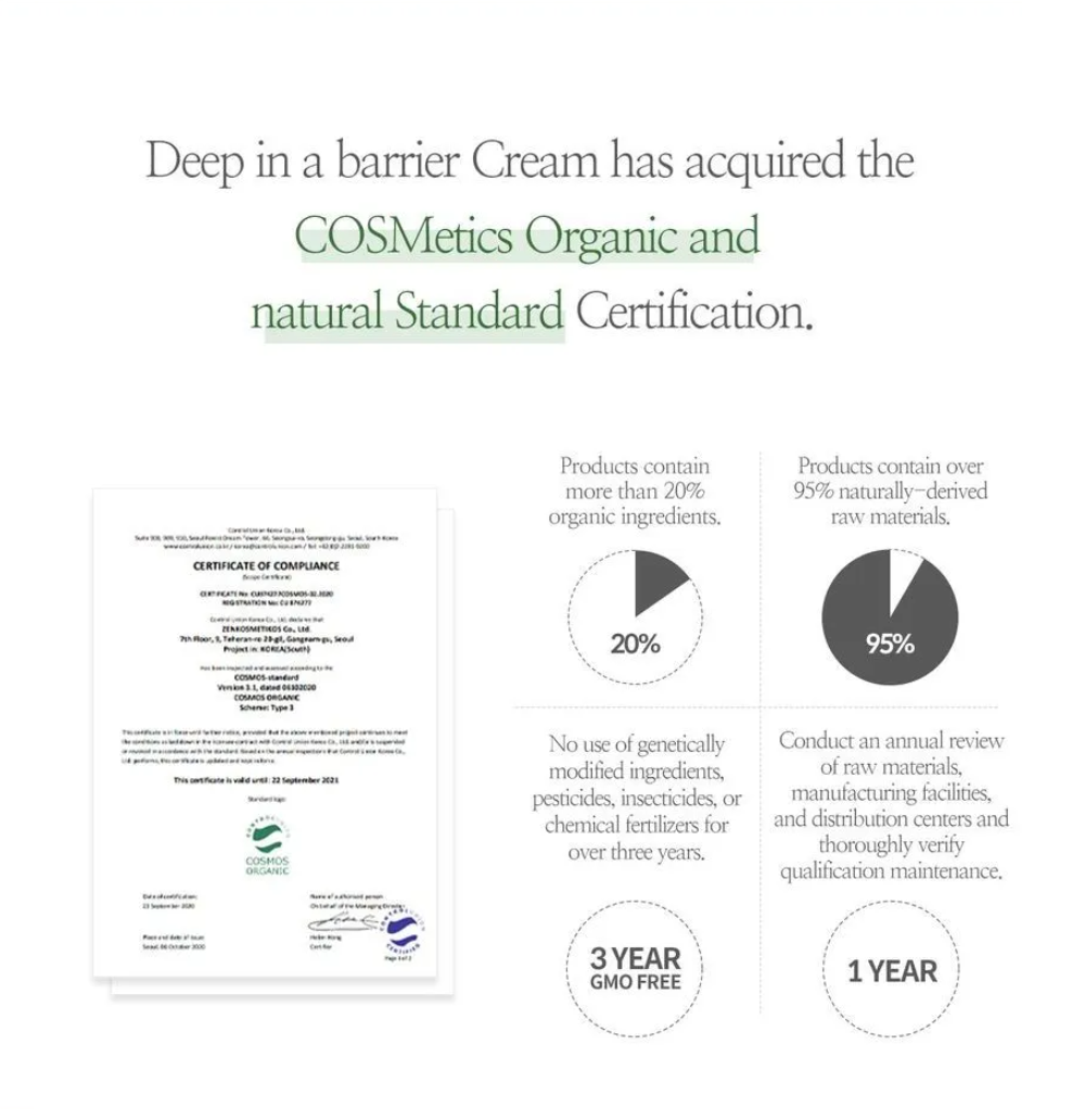 Certification information for a barrier cream with COSMetics Organic and Natural Standard details, Sioris Deep In a Barrier Cream 50ml