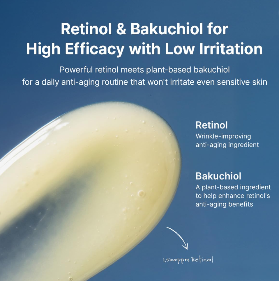 Capsule with retinol and bakuchiol text on a blue background, Dr.Althea 0.1% Gentle Retinol Serum 30ml