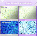 Before and after comparison of pore size and skin hydration with a purple border and text, BOH Probioderm Collagen Remodeling Serum Gel Mask