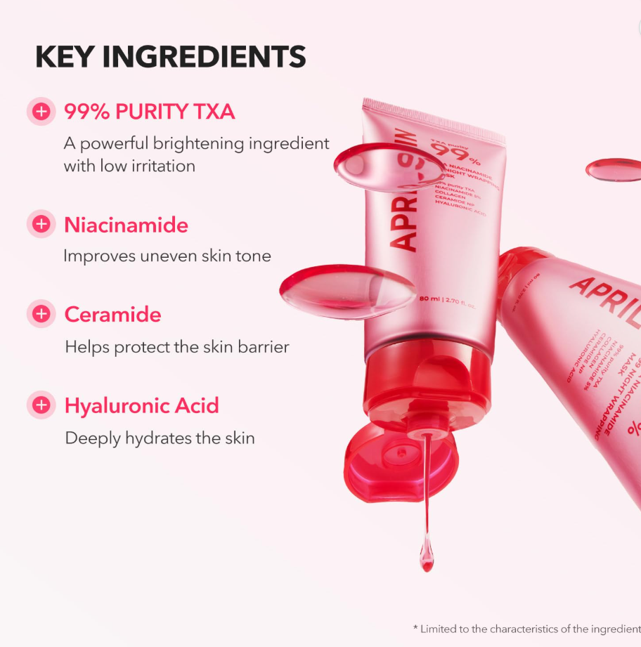 Pink skincare product with key ingredients listed on a white background, April Skin TXA Niacinamide 99 Night Wrapping Mask 80ml