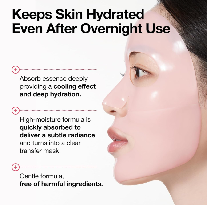 Woman wearing a clear face mask with text highlighting its benefits, Anua Peach 70 Niacin Brightening Collagen Mask 4ea