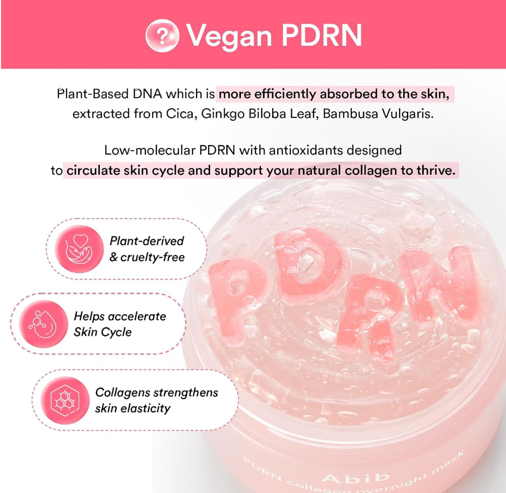 Vegan PDRN product with text about plant-based DNA and its benefits on a pink background, Abib PDRN Collagen Overnight Mask Face Firming Jelly (2.7fl oz / 80ml)