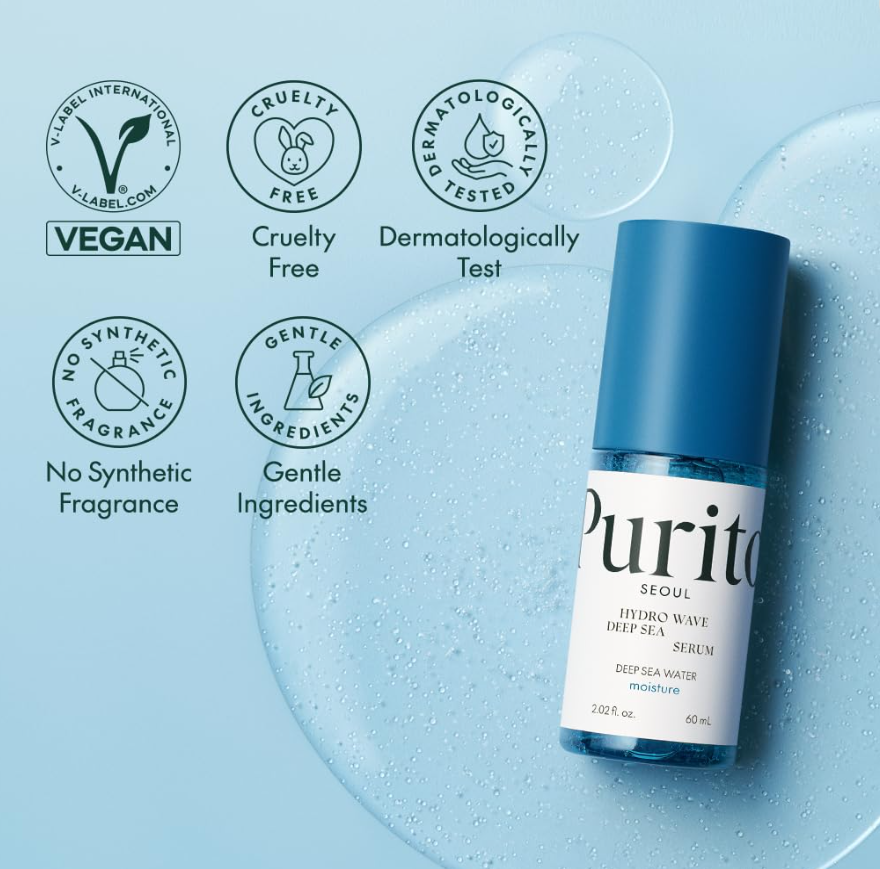 Purito skincare serum bottle with certification icons on a light blue background, Purito Seoul hydro Wave Deep Sea serum 60ml