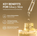 Hydrating facial toner with dropper and benefits listed on a brown background, ONGREDIENTS Skin Barrier Calming Softener 250ml