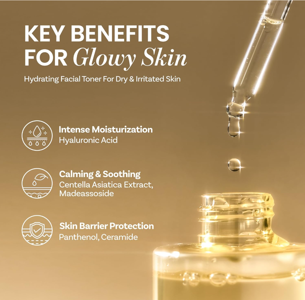 Hydrating facial toner with dropper and benefits listed on a brown background, ONGREDIENTS Skin Barrier Calming Softener 250ml
