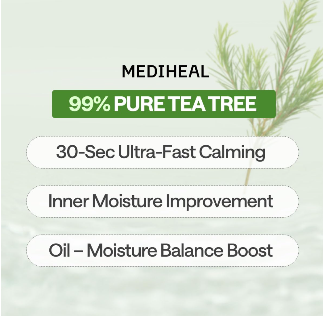 Promotional graphic for Mediheal 99% Pure Tea Tree product with text on a light green background, Mediheal Teatree Mask 10+1