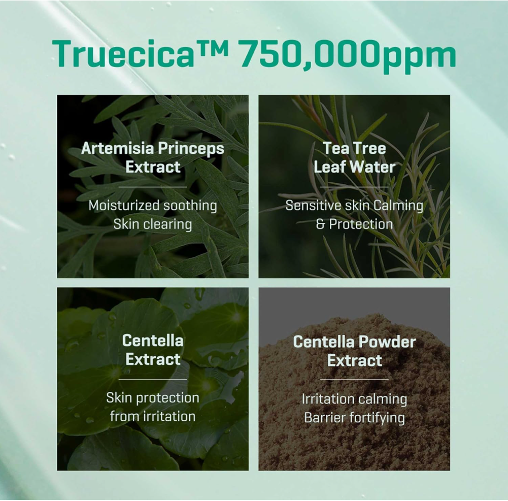 Product label with Truecica 750,000ppm and botanical extracts on a green background, Somebymi AHA.BHA.PHA 14Days Super Miracle Spot All Kill Cream 30ml