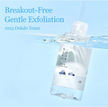 Bottle of 1025 Dokdo Toner with water splashing around it on a light blue background, Round Lab 1025 Dokdo Toner 500ml