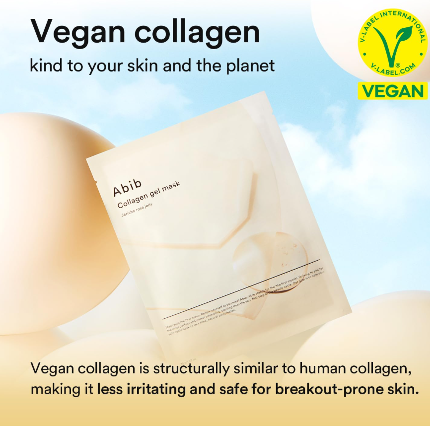 Collagen gel mask packaging with 'Vegan' label and text about vegan collagen benefits, Abib Collagen Gel Mask Jericho Rose Jelly 4ea