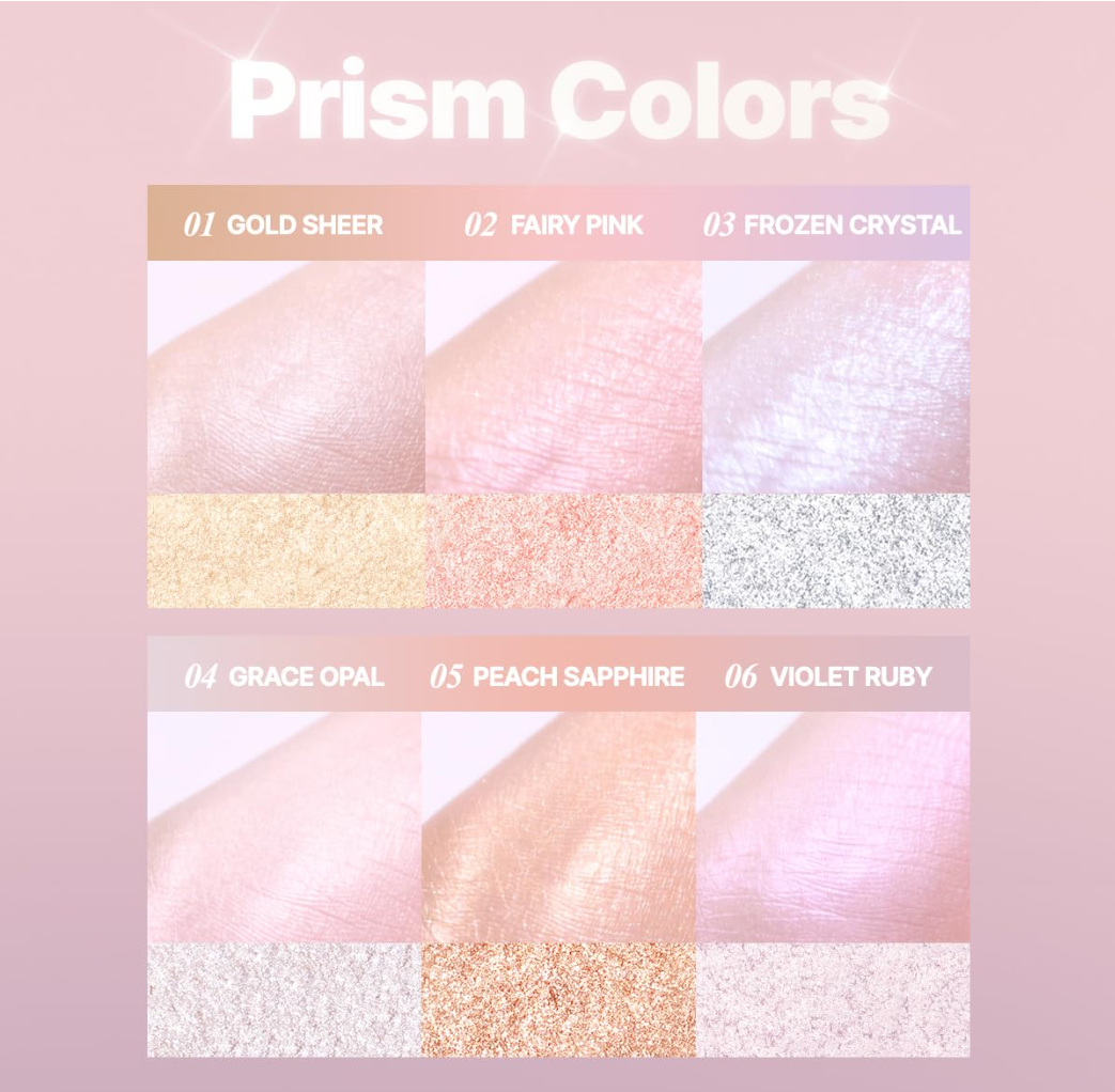 Color swatches labeled 'Gold Sheer', 'Fairy Pink', 'Frozen Crystal', 'Grace Opal', 'Peach Sapphire', and 'Violet Ruby' on a pink background, Clio Prism Highlighter 5 Peach Sapphire 8g