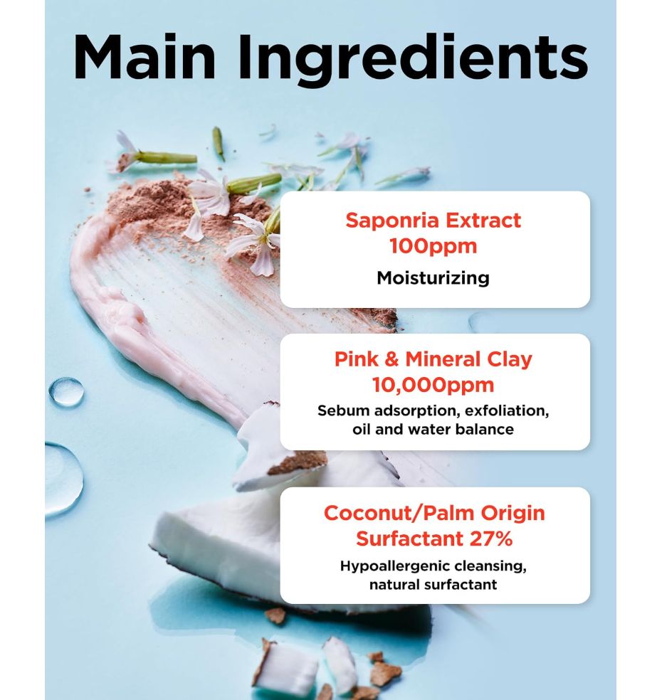 An informational ingredient graphic with the heading 'Main Ingredients' on a light blue background. A pale pink and white cream smear is shown with scattered botanical pieces and mineral powder. TOCOBO Coconut Clay Cleansing Foam 150 ml