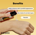 Hand applying skincare product with text highlighting benefits on a yellow background, featuring the COSRX brand, Cosrx advanced snail Peptide eye cream 25ml