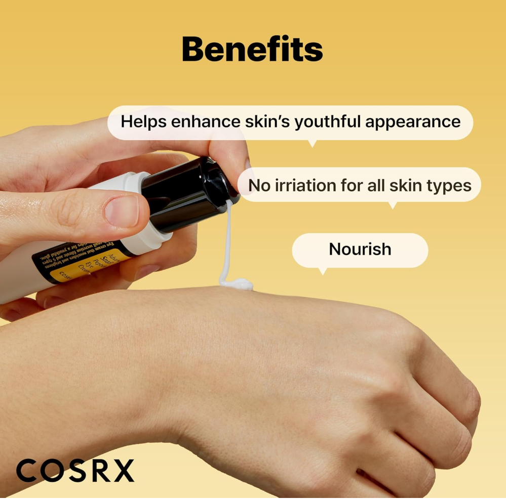Hand applying skincare product with text highlighting benefits on a yellow background, featuring the COSRX brand, Cosrx advanced snail Peptide eye cream 25ml