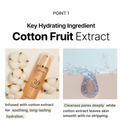 Product packaging with cotton fruit extract and text about its benefits, MENOKIN Cotton Cloud Bubble Cleanser [Daily Comfort] 150ml