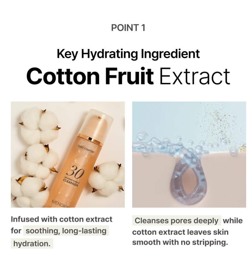 Product packaging with cotton fruit extract and text about its benefits, MENOKIN Cotton Cloud Bubble Cleanser [Daily Comfort] 150ml