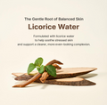 Licorice root and leaves on a wooden board with text about licorice water for skin care, Acwell Licorice pH Balancing Cleansing Toner 150ml