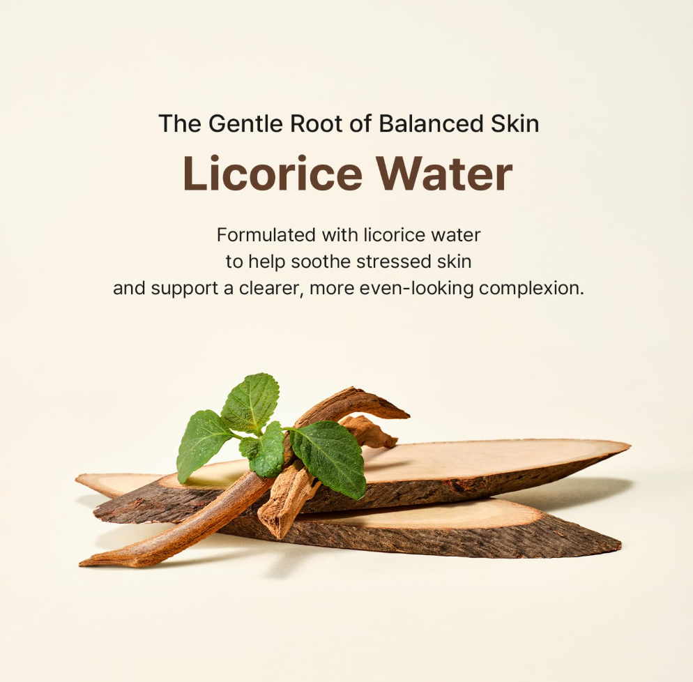 Licorice root and leaves on a wooden board with text about licorice water for skin care, Acwell Licorice pH Balancing Cleansing Toner 150ml