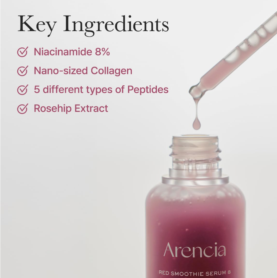 Arenicia red smoothie serum bottle with key ingredients listed on a light gray background, Arencia Red Smoothie Serum 8 30ml