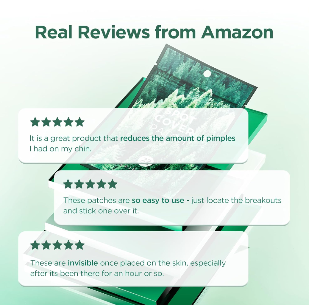 Product packaging with Amazon customer reviews on a green background, SKIN1004 Tea Trica Spot Cover Patch 22pcs