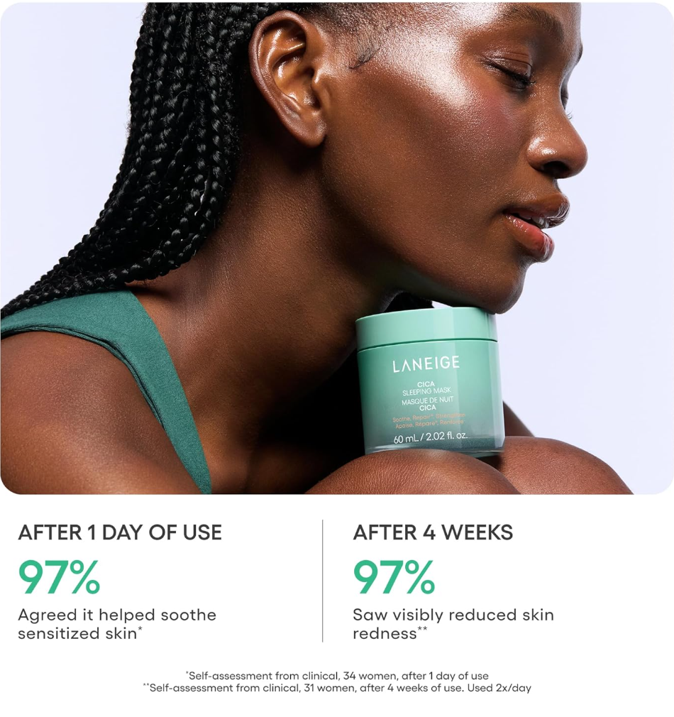 Woman holding a Laneige product with skincare before and after statistics displayed, LANEIGE Cica Sleeping Mask 60ml