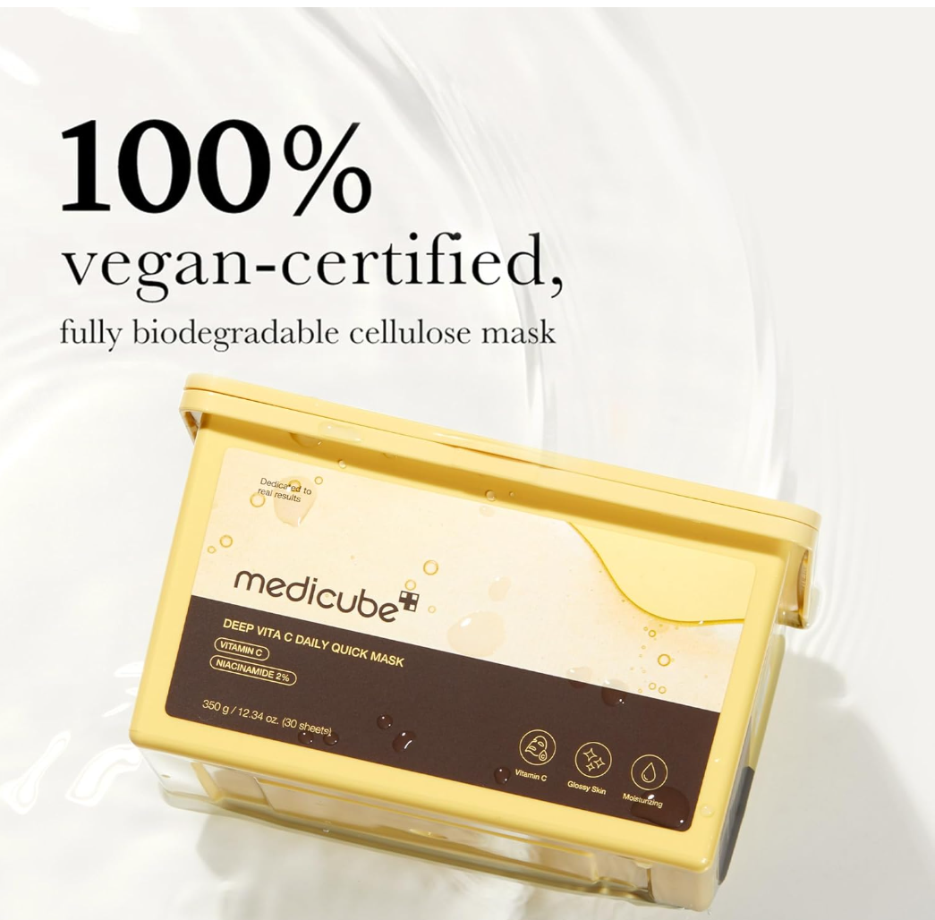 Medicube mask packaging with text highlighting vegan certification and biodegradability on a white background, Medicube Deep Vita C Daily Quick Mask 350g 30 sheets