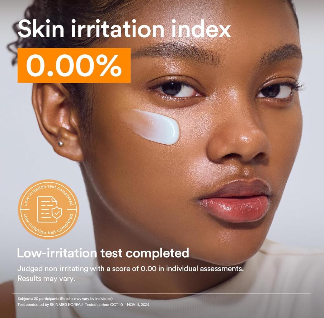Person with a skincare product on their face, showing a 'Skin irritation index' of 0.00%, Abib Glutathione Creme Vita Tube 75ml
