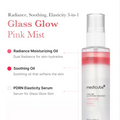 Glass Glow Pink Mist product with text on radiance, soothing, and elasticity benefits on a white background, Medicube PDRN Pink Glutathione Serum Mist 100ml