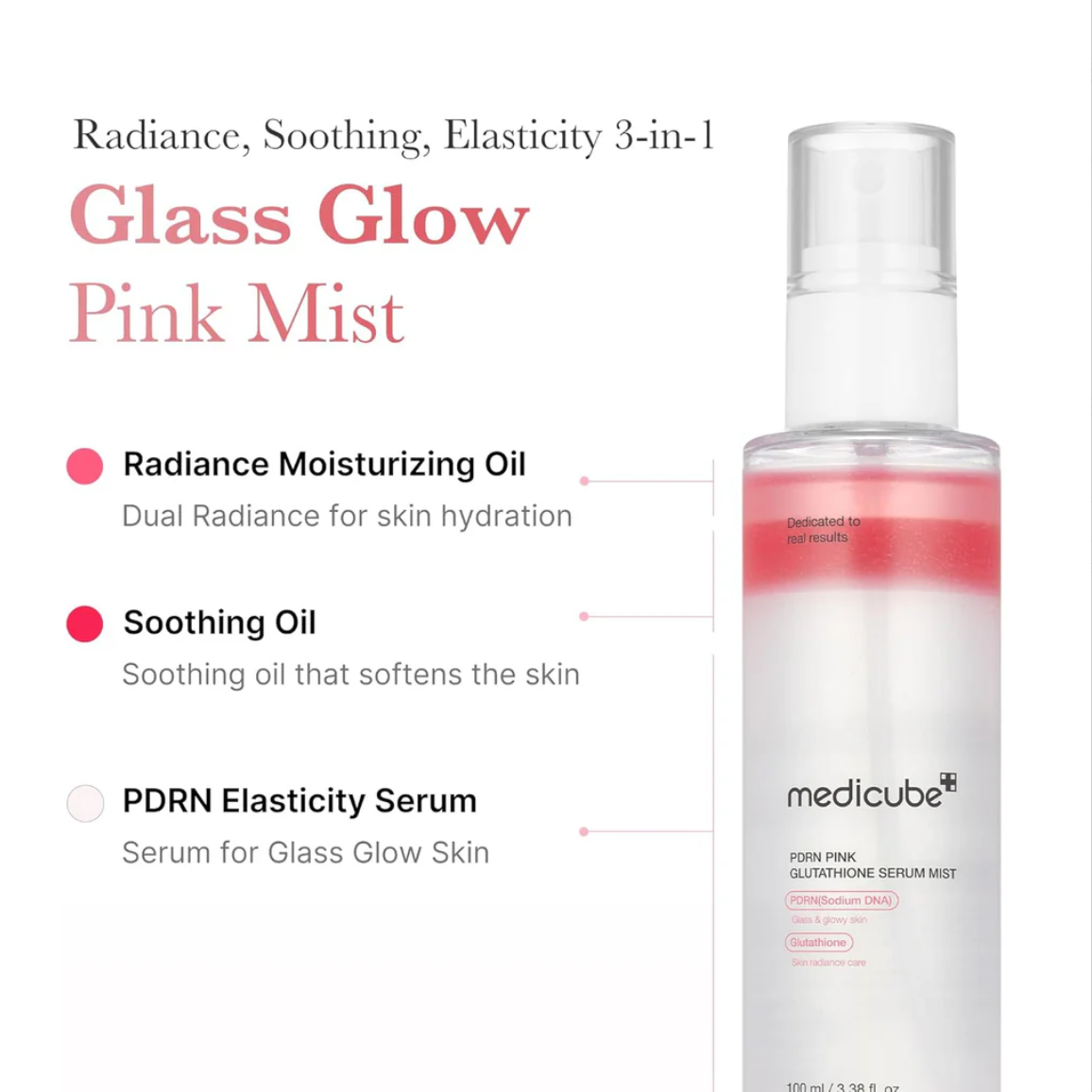 Glass Glow Pink Mist product with text on radiance, soothing, and elasticity benefits on a white background, Medicube PDRN Pink Glutathione Serum Mist 100ml