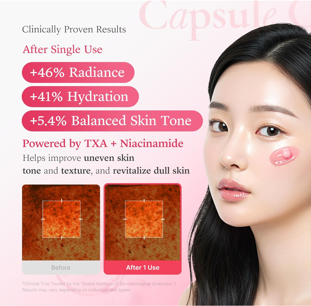 Cosmetic product advertisement with a woman's face and clinical results on a pink background, Medicube TXA Niacinamide Capsule Cream 55g