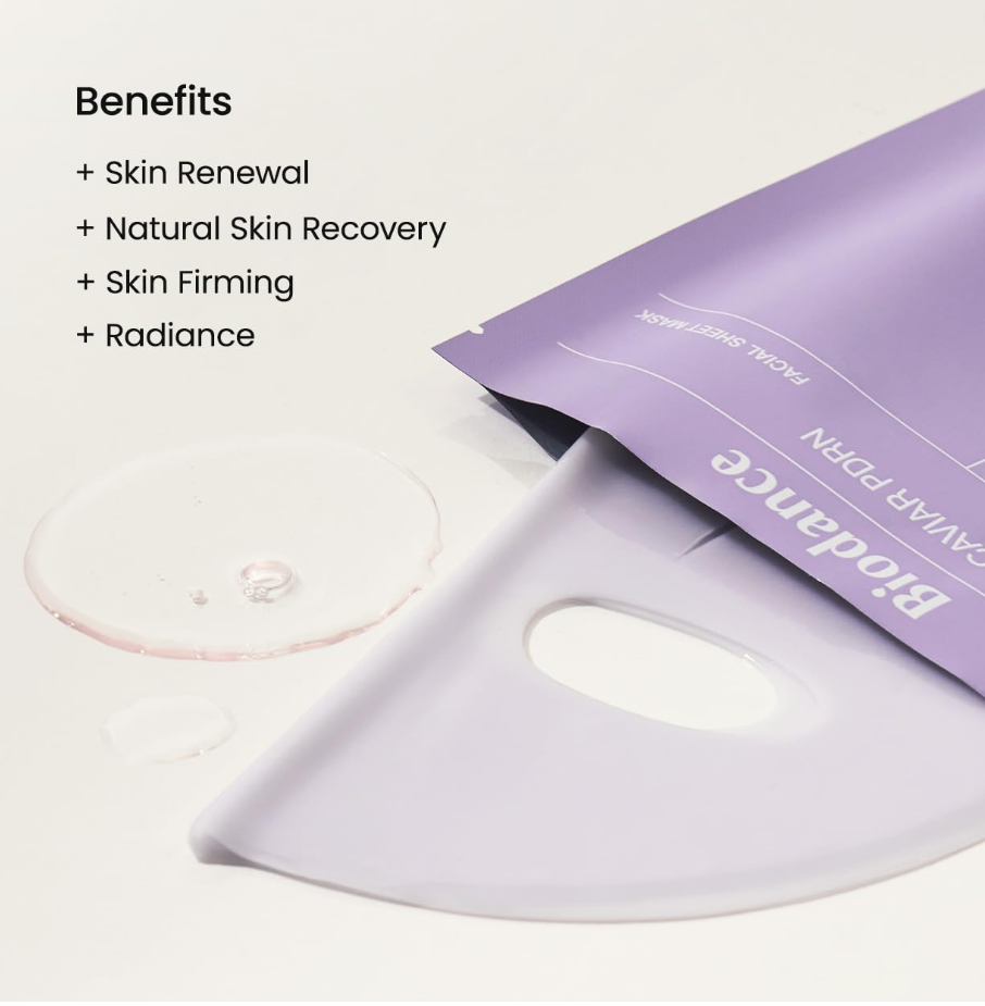 Skincare product with benefits listed on a light gray background, Biodance Rejuvenating Caviar PDRN Real Deep Mask 4 sheets