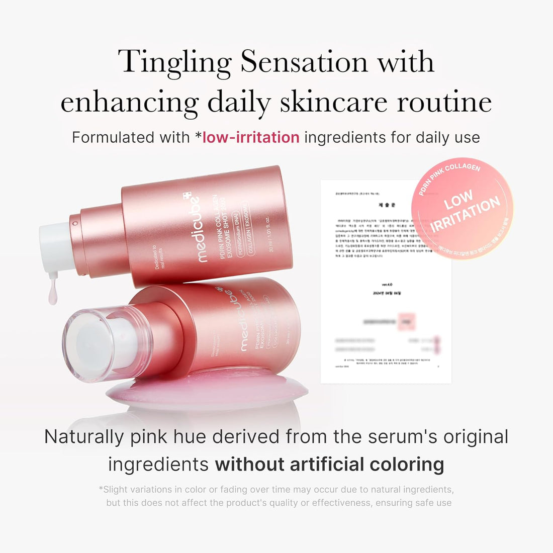 Two pink skincare bottles with text about a daily skincare routine and low-irritation ingredients, Medicube pdrn pink collagen exosome shot 2000 30ml