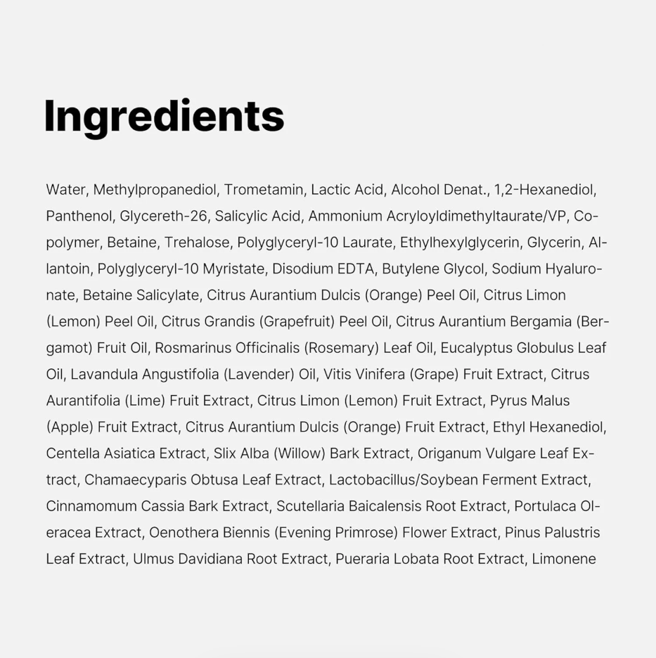 List of ingredients on a white background, Medicube Zero Pore Pad 2.0 10pads Sample