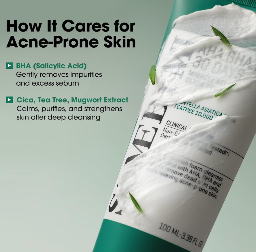 Tube of Some by Mi AHA BHA PHA 30 Days Miracle Acne Clean Foam on a white background, Somebymi AHA.BHA.PHA 30 Days Miracle Acne Clear Foam 100ml
