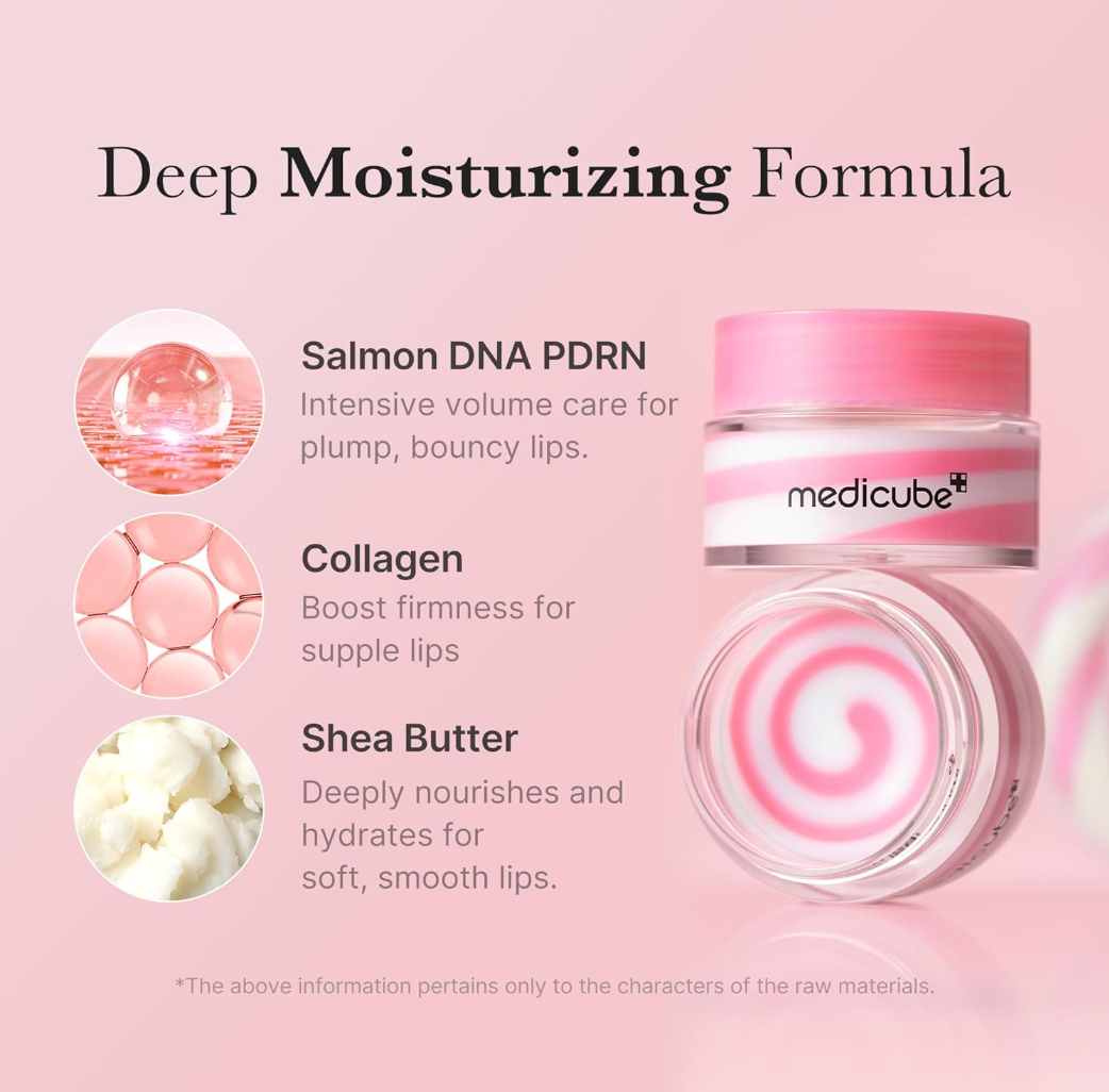 Lip balm with ingredients listed on a pink background, Medicube PDRN Lip Sleeping Mask 10g