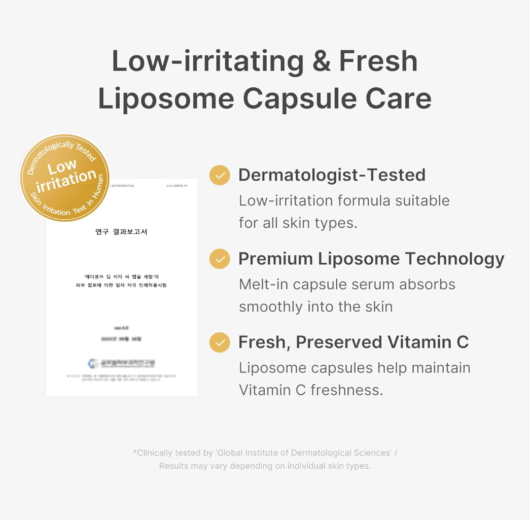 Liposome capsule care product description with dermatologist-tested badge and features listed, Medicube Deep Vita C Capsule Serum 30ml