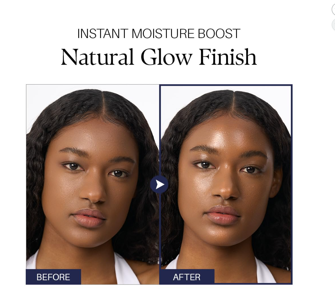 Before and after comparison of a woman's face with 'Instant Moisture Boost' product application, 