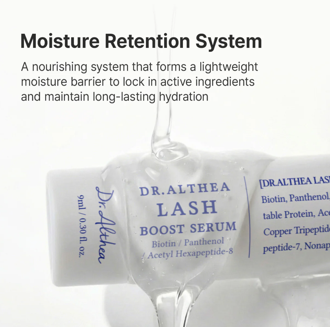 Dr. Althea Lash Boost Serum with text about moisture retention system on a white background, DR.ALTHEA Lash Boost Serum 9ml