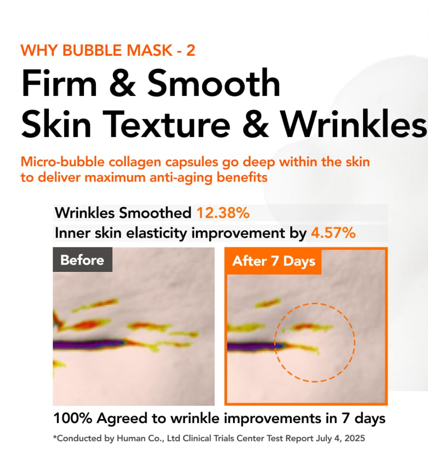 Advertisement for a bubble mask with before and after skin texture improvement images, MENOKIN 30 Seconds Quick Bubble Mask LIFT Collagen 95ml