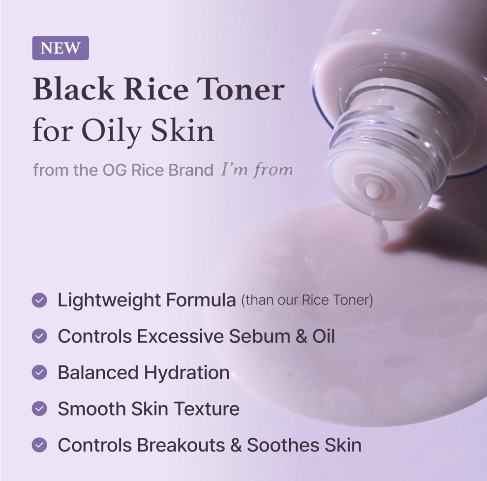 Black Rice Toner for Oily Skin with product being dispensed, on a light purple background, I'm From Black Rice Toner 150ml