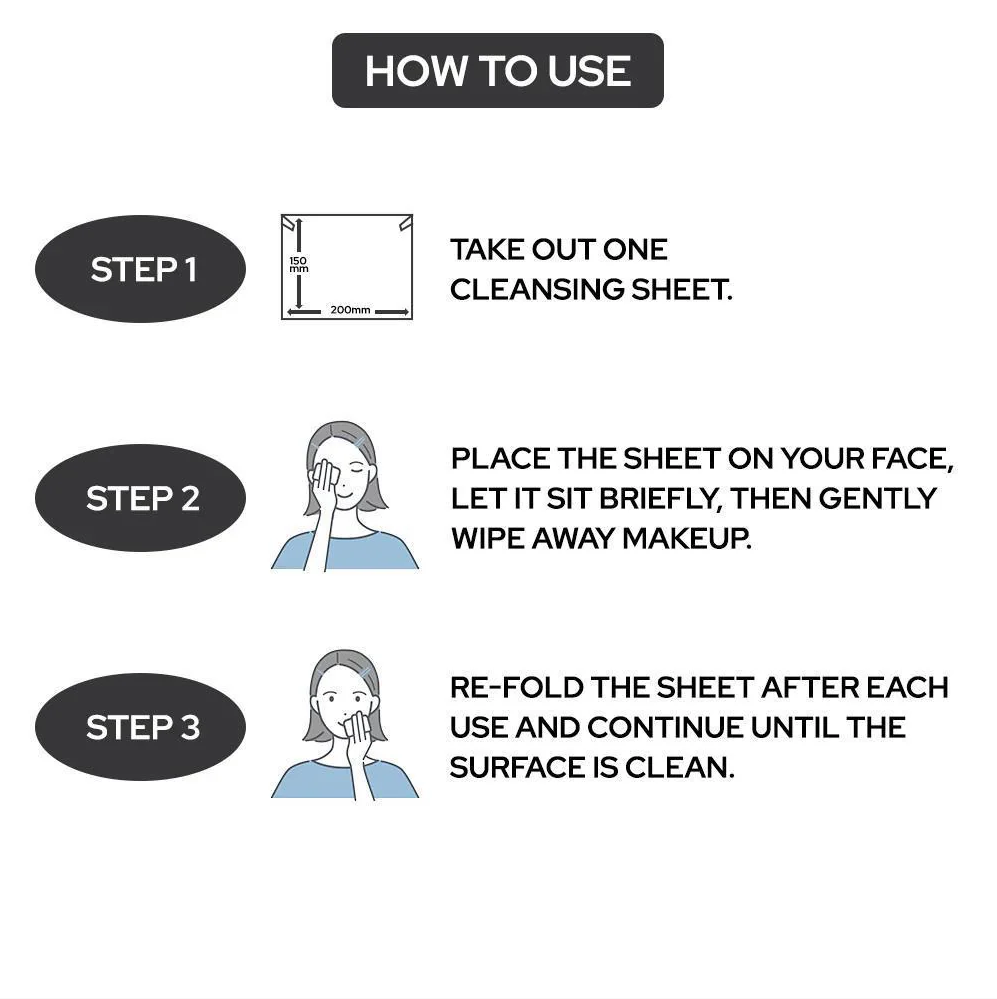 Instructions on how to use a cleansing sheet with step-by-step illustrations and text, Mandom Bifesta Micellar Cleansing Sheet Perfect Clear 46 sheets