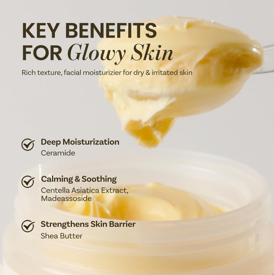 Facial moisturizer with key benefits for glowing skin on a white background, ONGREDIENTS Deep Calming Cream 50ml